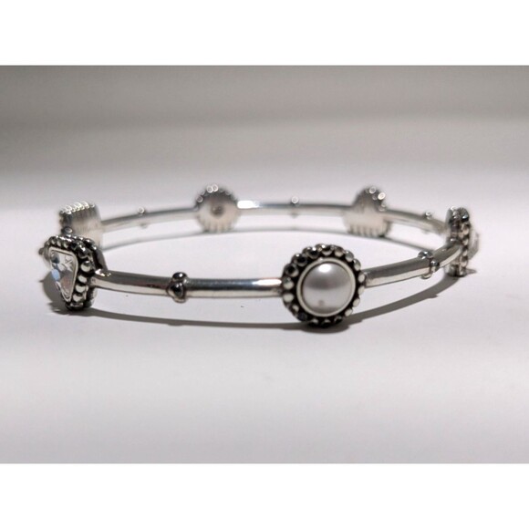 Brighton Silver Hinged Bangle Bracelet w/ Rhinestones Faux Pearls - Picture 6 of 6